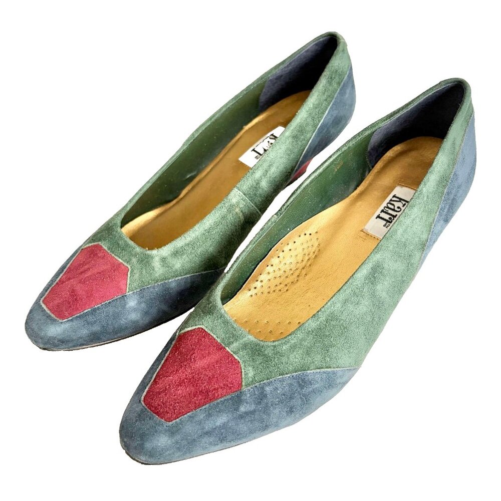 Kari VTG 80s 90s Multi-Color Suede Heels Size 10 Sage Green Pink Blue